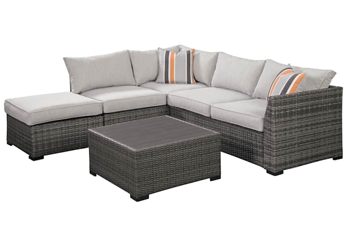 AshleyAshley P301 Outdoor Cherry Point Loveseat Sectional with Table and Ottoman Gray