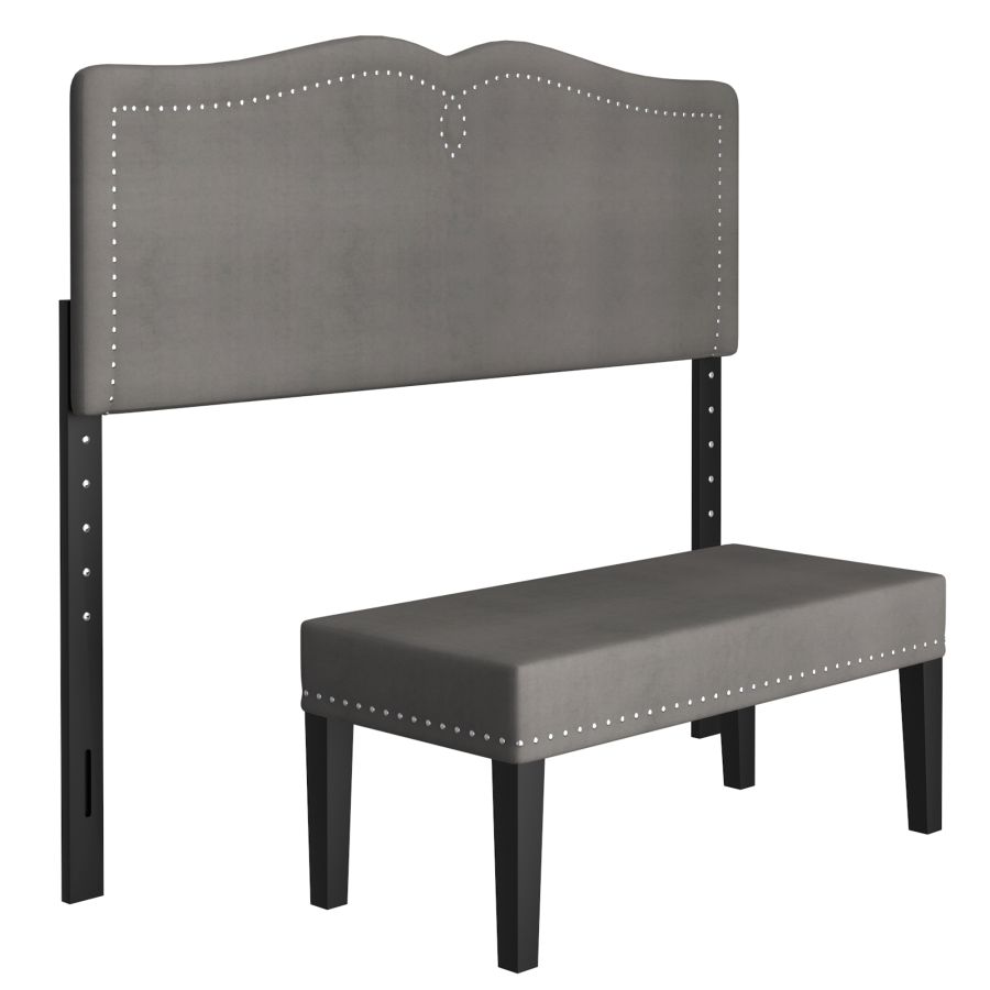 WorldwideWW Aurora 54"60" Adj. Headboard with Bench in Grey